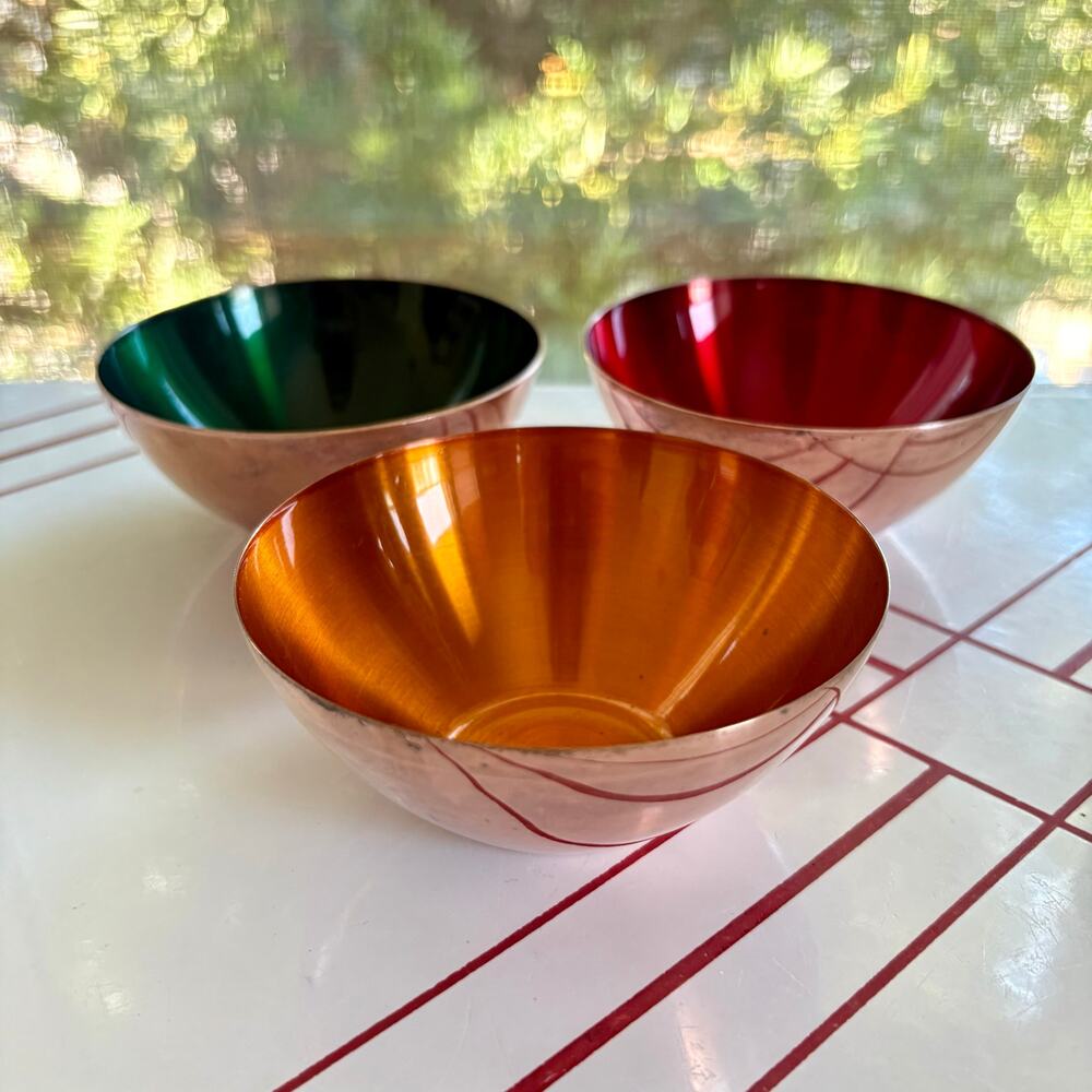 Vintage Enamel on Copper Bowls Set of 3 Scandinavian Modern